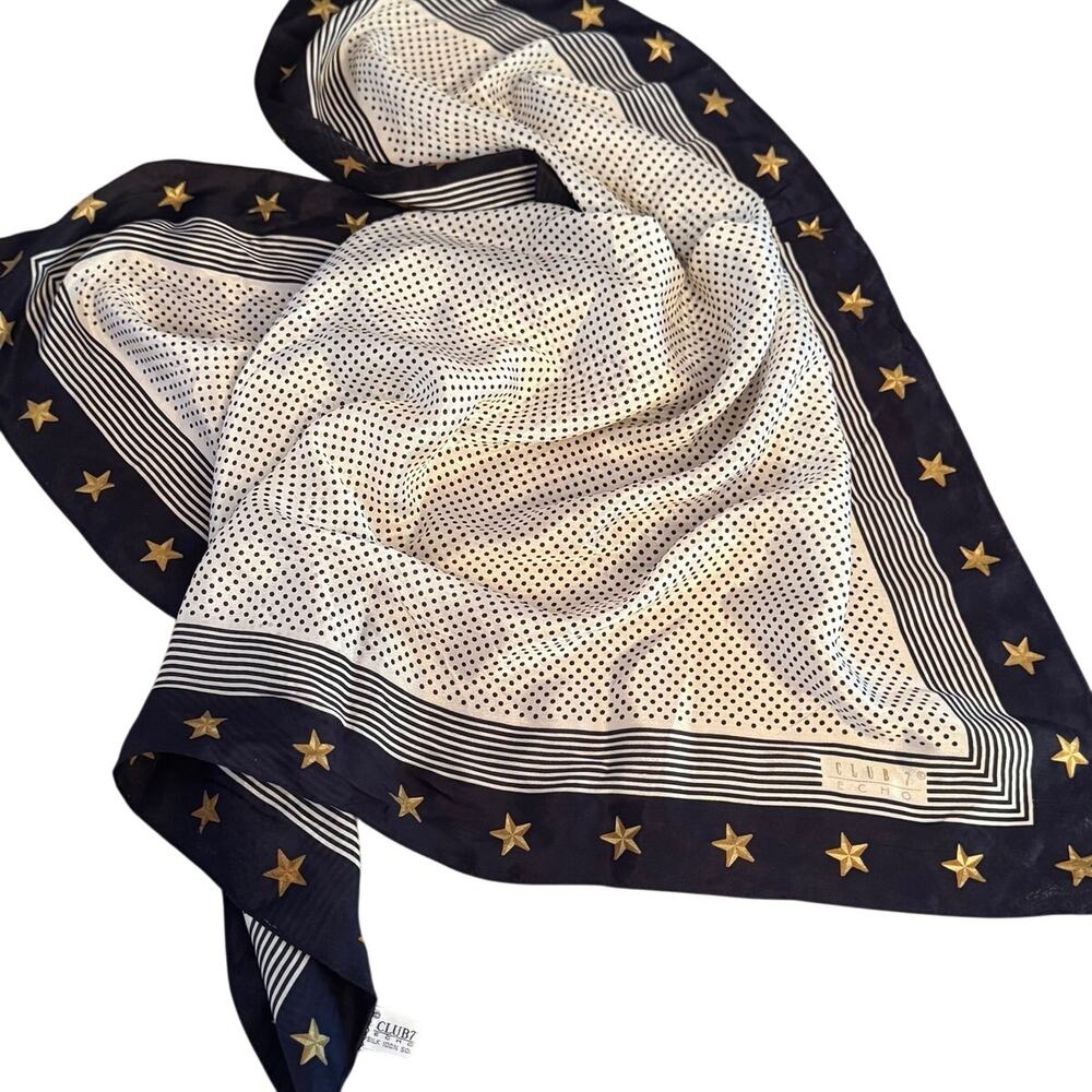 Echo Club 7 100% Silk Gold Stars Blue Polka Dots Square Scarf